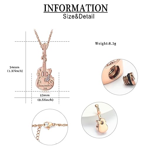 Guitar Urn Necklace for Ashes Stainless Steel Cremation jewelry Crystal Guitar Lover Music Keepsake Memorial Pendant for Men Women Gift pink