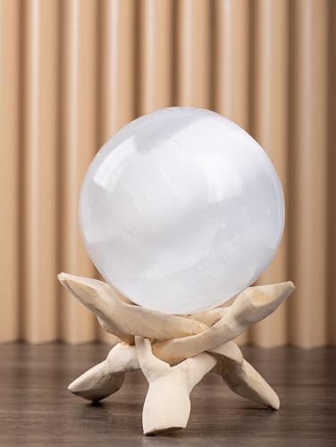 Wish Well Large Selenite Crystal Sphere with Natural Wooden Stand