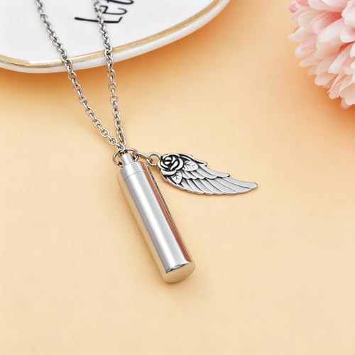 Unisex Cylinder Urn Necklace with Angel Wing Charm Stainless Steel Memorial Cremation Jewelry for Ashes Holder with charm