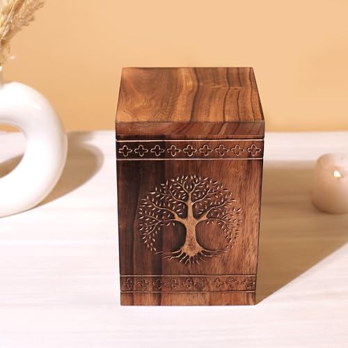 Hashcart Traditional Wooden Cremation Urn for Human Ashes, 45 Lbs Tree of Life