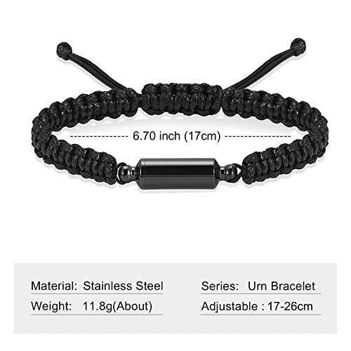 Imrsanl Stainless Steel Cremation Jewelry Urn Bracelet for Ashes - Cylinder Urn Bangles for Human Ashes - Memorial Ashes Keepsake Jewelry for Men Women Rope Bracelet-Black