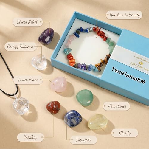 7 Chakra Healing Crystal Gift Set-Mindfulness Meditation Kit with Raw Stone Points,Reiki Energy Bracelet&White Quartz Necklace in Gift Box