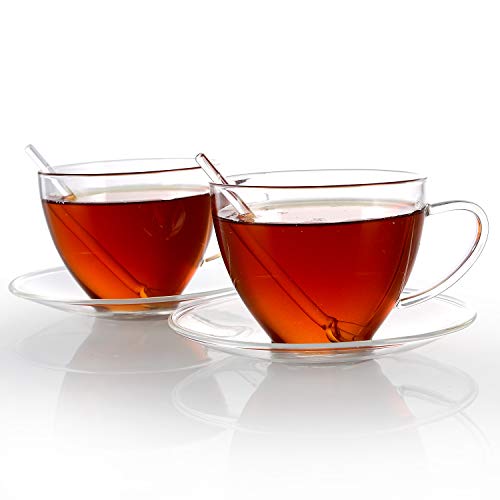 Teabloom Royal Teacup and Saucer Set 2-Pack – 12 OZ/ 350 ML Capacity – Glass Mug Set – Premium Borosilicate Glass – Durable and Heat Resistant 2 Count (Pack of 1)