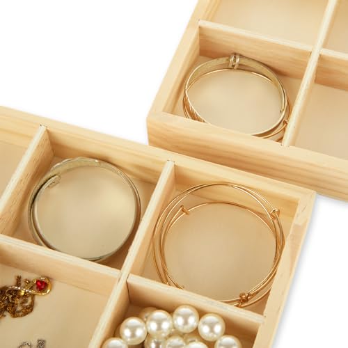 AKOLAFE 4 Pack Unfinished Wood Jewelry Trays for Drawers Insert 9.4” Small Trinket Dish Bulk 6 Grid Earring Holder Organizer Box Charm Display Tray with Dividers for Necklace Ring Storage Organization