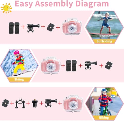 Kids Underwater Camera 12MP 1080P Digital Camera with 32GB Card & Case Pink