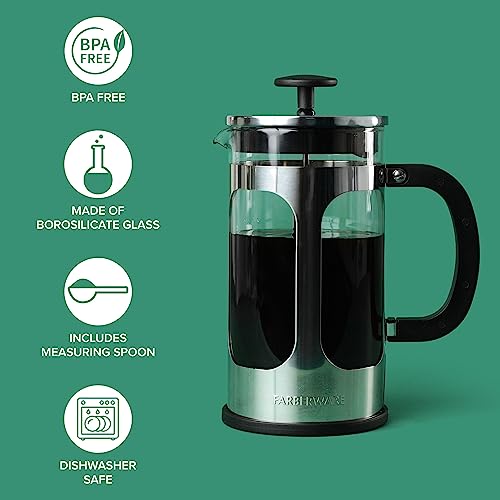 Farberware French Press Coffee Maker, Tea & Espresso Maker, Stainless Steel Cold Brew Press, Heat-Resistant Borosilicate Glass, BPA-Free, Measuring Spoon Included, 8 Cup Capacity (Stainless)