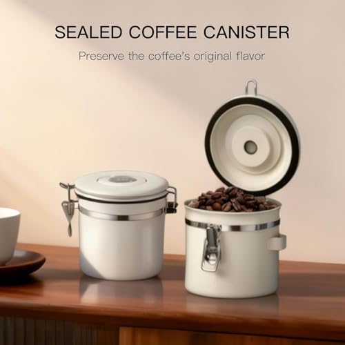 MEGAWISE EGAWISE Coffee Canister, 1.5L Airtight Stainless Steel Coffee Container with CO2 Valve, Date Tracker, Locking Lid, 304 Inner Bowl for Coffee Beans, Grounds, Tea, Sugar, Cream White 1.5 liters