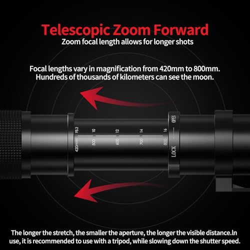 420-800mm f/8.3 Telephoto Lens Zoom SLR Camera Lens for Canon T7i T6 T6i T6s T7 T8i T3i, T4i, T5, T5i, SL2, SL1 4000D 2000D 80D 90D 5D III 6D 7D II 60D 70D 250D 750D 760D 1300D Black