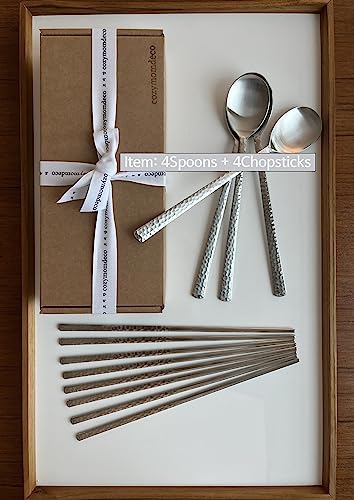 Korean Made Silver Glossy Hammered Stainless Steel Korean Spoon & Chopstick SET Gift for Mom Stocking Stuffer(4SET) 4SET