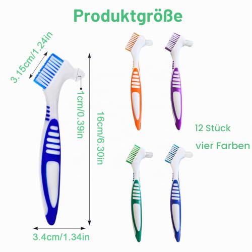 Denture Toothbrush, Pack of 12, Toothbrush for Dentures with Double-Sided | Hard multi-layer bristles, ergonomic non-slip handle, denture cleaner in 4 colors - single tufted toothbrush