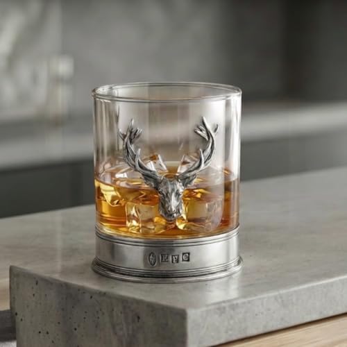 English Pewter Company 11oz Old Fashioned Whisky Rocks Glass With Stag Deer Head Antler and Pewter Base [STAG104]