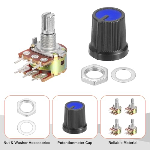 QUARKZMAN 5 Set WH148 Dual Linear Potentiometer B10K-Ohm Black+Blue | Audio Potentiometer, Knob Kit, 6 Pin, Split Shaft, with Metal Handle and Mounting Accessories