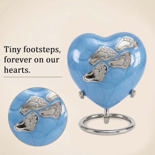 Baby Keepsake Urn for Ashes - Small Heart Memorial Urn for Baby Boy or Girl, Infant or Stillborn Baby - Holds a Small Portion of Ashes (3 Cu in) with Stand and Gift Box (Blue) Blue