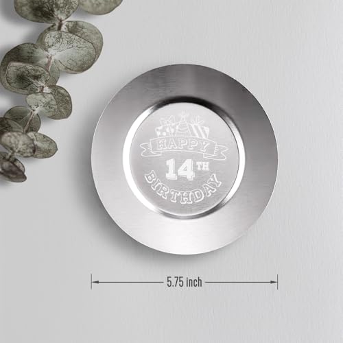 Happy 14th Birthday Personalized Laser Engraved Stainless Steel Cake Tableware Set:Cake Server,Plate,Knife,Spoon, Fork - Memorable 14 Year Old Gift Keepsake
