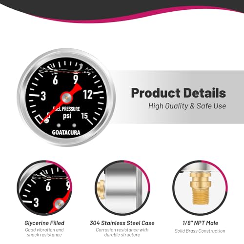 GOATACURA 0-15 PSI glycerin-filled fuel pressure gauge with black dial and stainless steel case, back mount