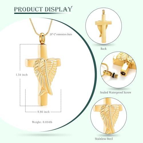 Cross Cremation Jewelry Urn Necklaces Cross Angel Wings Urn Necklaces for Ashes Memorial Keepsake Pendant for Women Men Gifts With Funnel Kit & Bag Gold