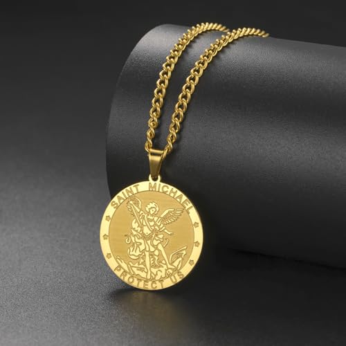 TEAMER Saint Michael Necklace Stainless Steel St. Michael Pendant The Great Protector Archangel Amulet Necklace Religious Jewelry For Men Women Gold