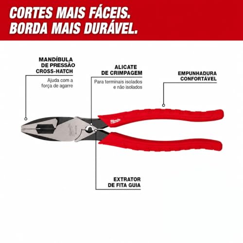 Milwaukee 48-22-6100 9-inch red leverage lineman pliers with side cutters, crimper, and pipe reaming head