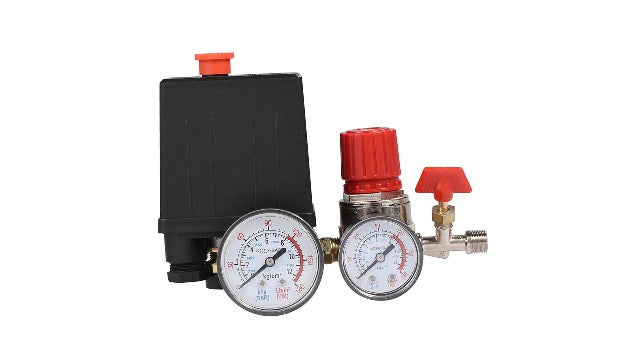 0.05-1.2Mpa 2-G1/4 Air Compressor Pressure Valve Switch Pressure Control Regulator with G1/8 Gauges for Fast Pressure Reduction