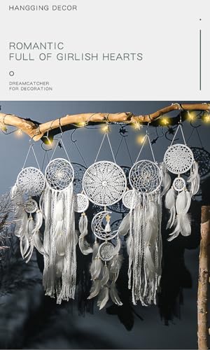Boho Dream Catcher Wall Hanging Set of 5 Large Moon Dream Catchers with Luxurious Feathers and Beads, Handcrafted Wall Decoration for Bedrooms, Nurseries and Living Rooms (Gray)