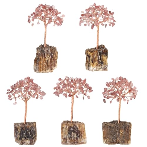 Amogeeli Healing Crystal Tree with Base, Handmade Money Tree, Feng Shui Arrangement for Positive Energy, Reiki, Meditation, Home/Office Decor, Strawberry Quartz Red