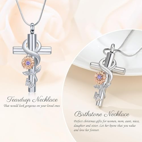 Cross Sunflower Cremation Jewelry Infinity Urn Necklace for Ashes for Men Women Stainless Steel Butterfly Memorial Ashes Pendant Necklace Keepsake Jewelry Rose-purple