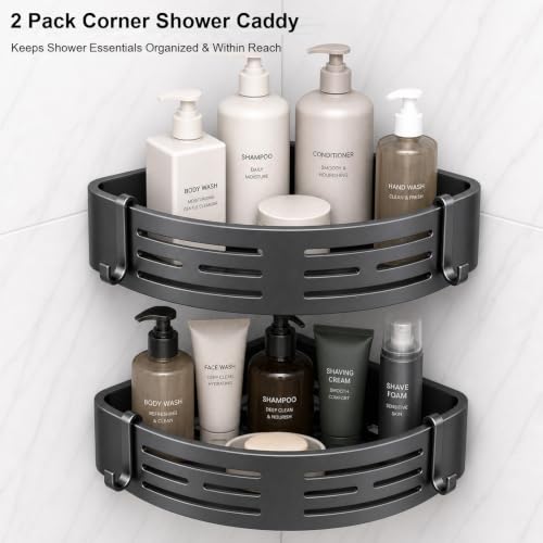 Maxoklife adhesive corner shower caddy shelf mounted in a bathroom corner, no drill needed for easy storage of shower essentials