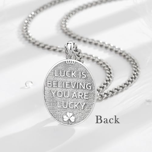 INFUSEU St Patrick Necklace Saint Patricks Day Jewelry Irish Gifts Clover Pendant Medal for Men Women 925 Sterling Silver Religious Catholic Christian Medallions Oval