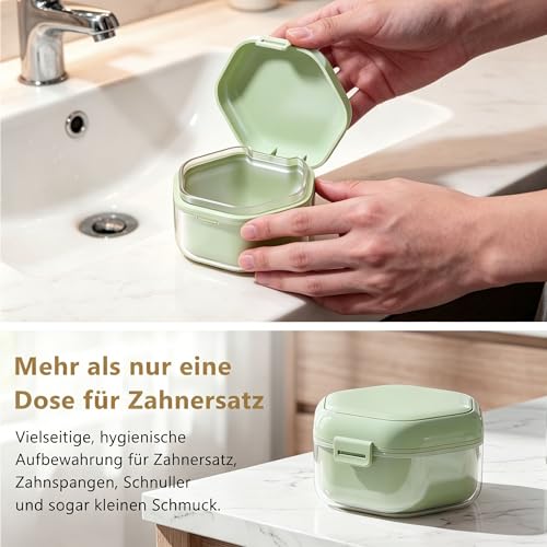 Braces Box with Strainer and Mirror, Portable Denture Box, Tooth Splint Box, Leak-Proof Dentures Container for Aligners, Retainers and Mouth Guards, BPA-Free (Light Green) light green