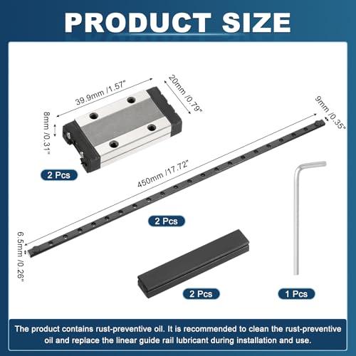 sourcing map 2 Pcs MGN9 450mm Linear Sliding Rail Guide with MGN9H Sliding Carriage Block and Mini Guide, Linear Motion Guideway for Mini Engraving CNC Machine 3D Printer