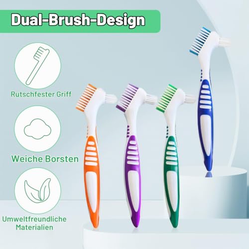 Denture Toothbrush, Pack of 12, Toothbrush for Dentures with Double-Sided | Hard multi-layer bristles, ergonomic non-slip handle, denture cleaner in 4 colors - single tufted toothbrush