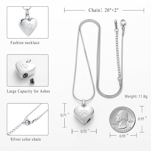 Pet Cremation Jewelry - Paw Print & Heart Urn Pendant Necklace Memorial Keepsake for Dog's & Cat's Ashes Silver