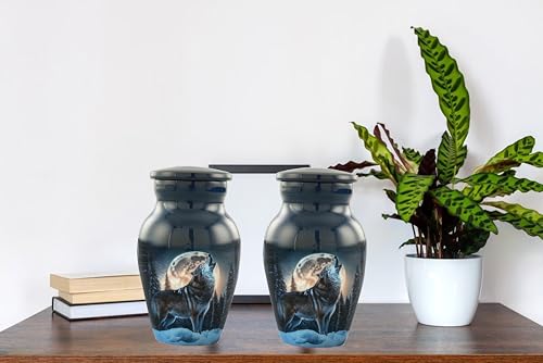 Keepsake Urns Set of 2 With Premium Velvet Box - Wolf Mini Urns for Human Ashes | Decorative, Funeral, Cremation Urns for Women and Men Design- 2