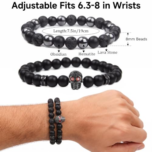 Natural Stone Bracelet 8mm Mens Black Beaded Bracelets Hematite Obsidian Onyx Lava Beads Bracelet Healing Crystal Bracelet for Men Skull
