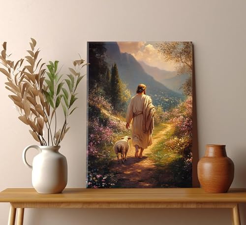 ZWTJPLN Jesus & Lamb on Path Canvas Wall Art - Christian Religious Decor (12x16/16x24 Inches) for Home, Church & Prayer Spaces Canvas Sheep 16"L x 12"W