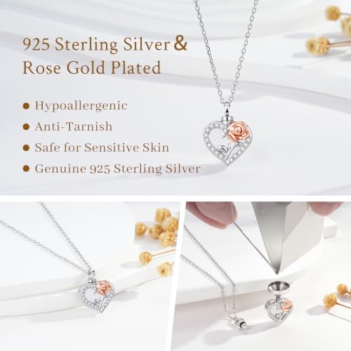 Heart Rose Cremation Urn Necklace for Ashes for Women 925 Sterling Silver