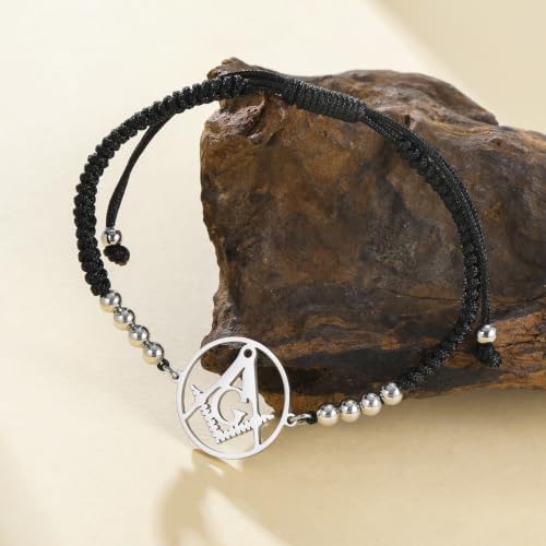 Masonic Bracelet Compass Freemasonry Symbol Bangles Master Seals Prime Amulet Masonic Membership Religious Jewelry Celtic Punk Gift for Men Women silver-black