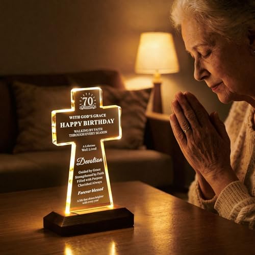 70th Birthday Gifts for Women Men, Lighted K9 Crystal Cross with Wooden Base, Christian Birthday Gift for Mom Dad Grandma Grandpa, Religious Faith Keepsake Decor, 70 Blessed Years 70th Birthday Gifts with Light Base