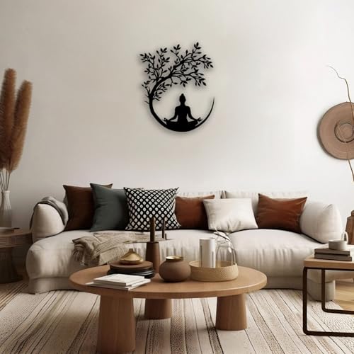 OPTYBVFD Tree of Life and Buddha Metal Wall Decor - Zen Room Decor Wall Art Home Decor for Living Room, Bedroom, Office, Yoga, Meditation (Black) Black