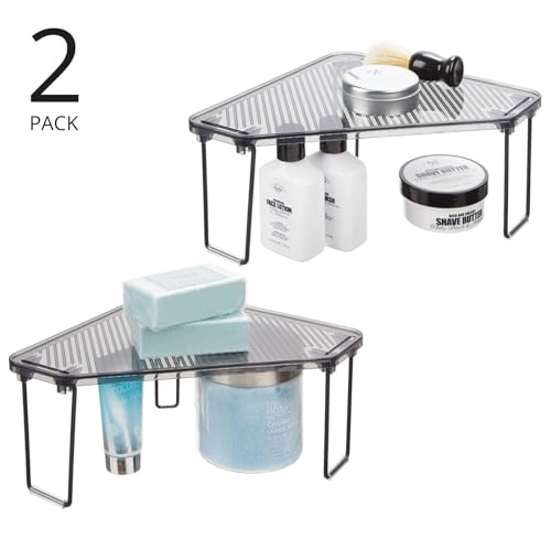 mDesign Plastic/Steel Corner Stackable Rack, Storage Organizer Shelf for Bathroom, Vanity, Countertop, Sink, Cabinet, Holds Makeup, Shower Accessories, Ligne Collection - 2 Pack - Black/Smoke Gray Pack of 2