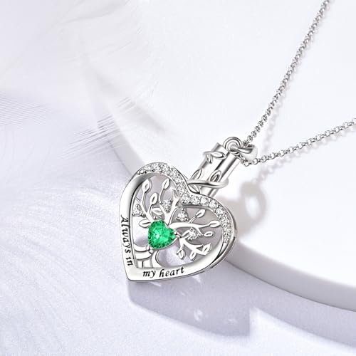 Sterling Silver Tree of Life Heart Urn Necklaces for Ashes - Cremation Memorial Jewelry Keepsake Pendant Necklace with Birthstone May