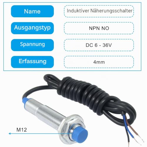 Proximity Sensor Inductive 4 mm, M12 Detection Distance Inductive Proximity Switch NPN NO Closer, 3D Printer LJ12A3-4-Z/BY Sensing DC 6-36V for MCU, Pack of 2
