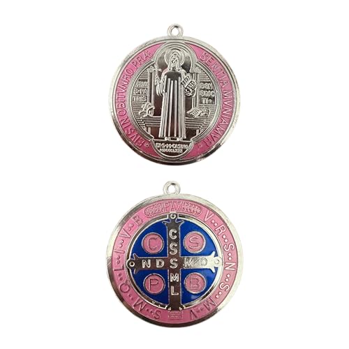 Bovemee 2PCS ST BENEDICT CROSS MEDAL 3 INCH VINTAGE BRASS TONE FINISH FOR WALL OR DESK DISPLAY/MEDALLA DE SAN BENITO (Pink) Pink