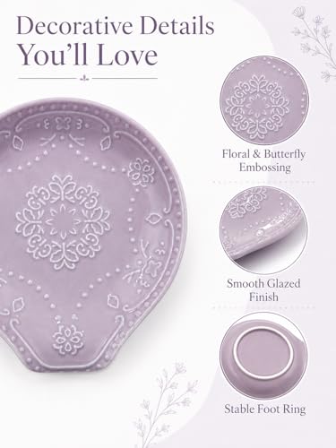 Lavender Purple Ceramic Spoon Rest for Kitchen Counter, 5.7" Floral Butterfly Embossed Spoon Holder for Stovetop, Dishwasher Safe Heat Resistant Utensil Rest, Farmhouse Kitchen Decor Gift, 2 Pcs