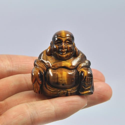 Tiger’s Eye Happy Laughing Crystal Buddha Statue, 1.5 Inch Small Ornament for Home, Mini Buddhism Gift, Carved Buddha Figurine, Good Luck Charm, Pocket Stone