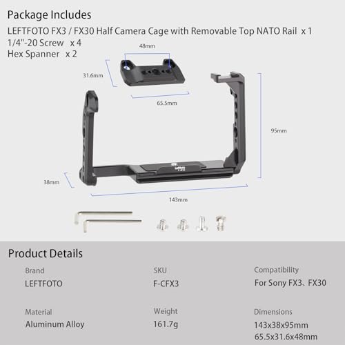 Leftfoto FX3 / FX30 Half Camera Cage with Removable Top NATO Rail - Modular Design Camera Protection Frame Rig with Arca Base Compatible with Sony FX3 FX30 Original XLR Handle DJI RS Gimbal