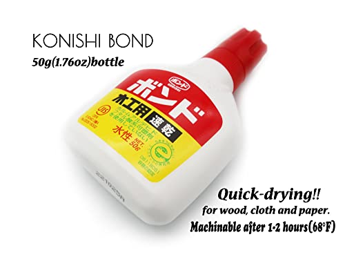 Generic Speedy wood glue, 1.76 oz bottle for wood, cloth, and paper, nearly transparent finish, made in Japan