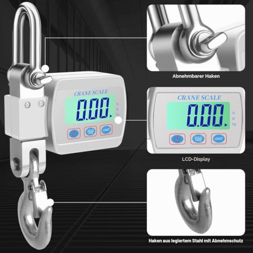 Digital Crane Scale for Heavy Loads - With LCD Display, Maximum Load Capacity 1100 lbs/500 kg, High Precision Sensor, Tare and Unit Switching Function for Agriculture, Hunting, Warehousing and Construction