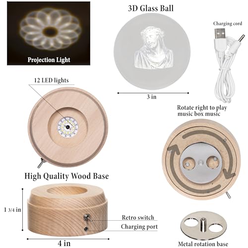 GETI 3D Crystal Ball Music Box Luxurious LED Projection Rotating Wood Base Rechargeable San Judas Tadeo, Virgin Mary for Adults and Kids Plays Spirited Away (Jesus Cristo (Jesus Christ))