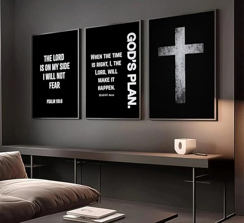 3Pcs Black White Scripture Poster Wall Art Christian Cross Bible Wall Decor 24"Lx16"W
